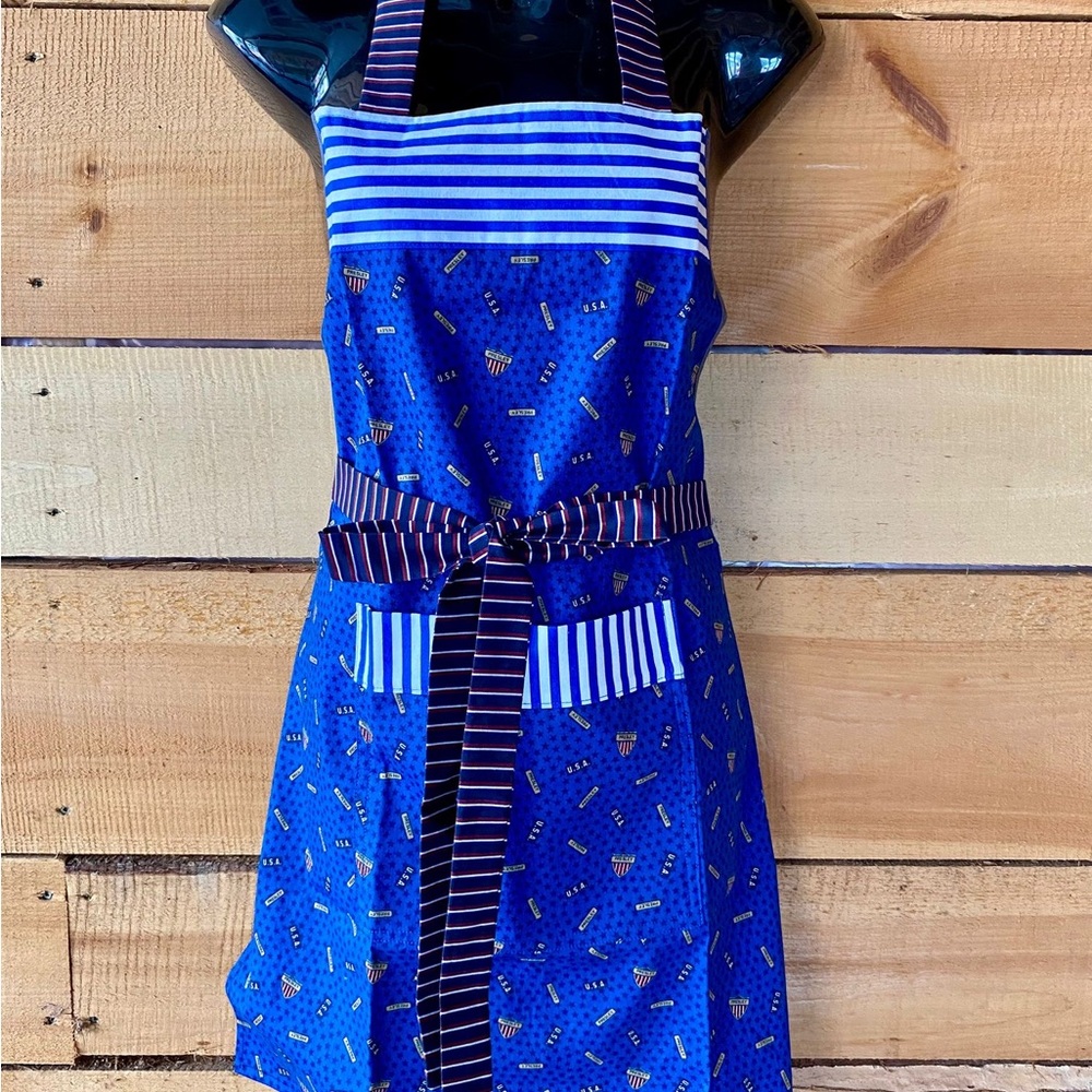 Handmade by me. Blue Striped Apron with Patterned Design
